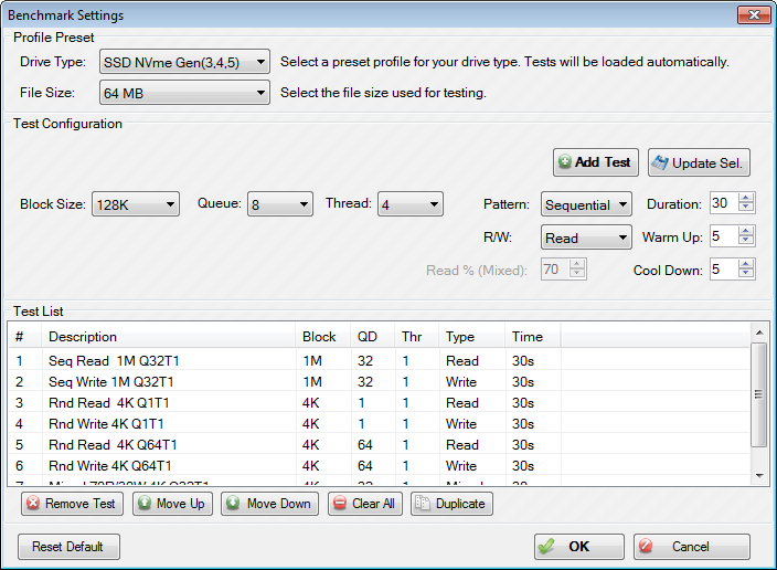 Disk Benchmark settings window showing profile presets, block size, queue depth, threads, pattern and test list management buttons
